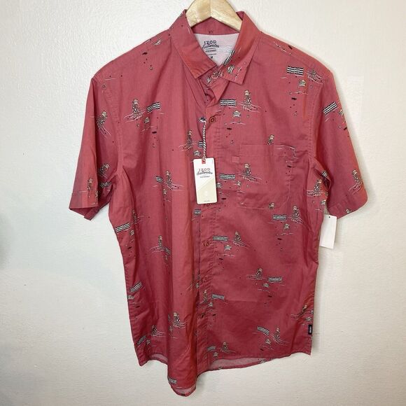 Izod Saltwater Performance Red Beach Shirt‎ Short Sleeve Casual Mens Medium - Picture 1 of 8